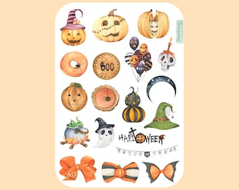 Op de afbeelding: Waterverfillustraties met Halloween-thema's. De afbeeldingen bevatten pompoenen, heksenhoeden, geesten, ballonnen en strikken. De tekst "Halloween Trick or Treat" is ook aanwezig. Het kleurenpalet is voornamelijk oranje, zwart en paars.
