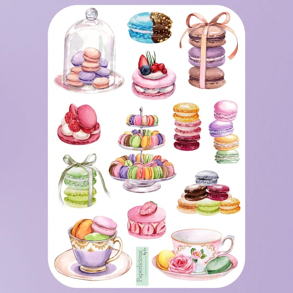 Macaron Sticker Sheet, macaron stickers, dessert stickers, afternoon tea, pastry, bakery, planner stickers, journal stickers, scrapbooking