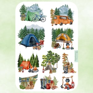 Hoja de pegatinas para camping, pegatinas para camping, senderismo, actividades al aire libre, naturaleza, glamping, campista feliz, bosque, planificador, diario de viaje, scrapbooking