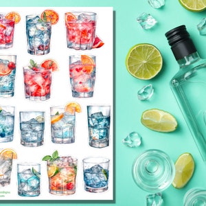 Foglio adesivo acquerello vodka, alcool, liquore, bevande per adulti, cocktail, happy hour, barista, pianificatore, Bullet Journal, Scrapbooking