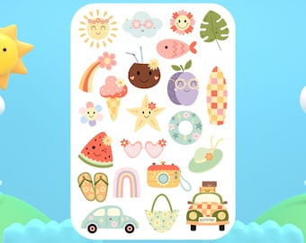 Cute Summer Sticker Sheet, vacation, beach, holiday, tropical, summer sticker, ocean, sea, planner sticker, bullet journal, scrapbooking