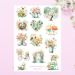 Preciosa hoja de pegatinas de primavera, pegatinas de primavera, pegatinas florales, plantas, insectos, árboles, hongos, jardín, planificador, bullet journal, scrapbooking
