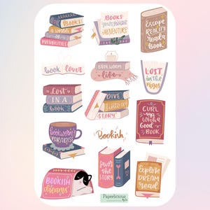 May include: A set of 12 book-themed stickers featuring various illustrations and quotes. The stickers are colorful and feature a variety of book-related designs, including stacks of books, open books, a cup of coffee, and a cat reading a book. The stickers are perfect for adding a touch of whimsy to your planner, journal, or laptop.