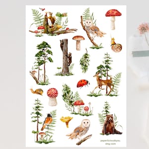 Hoja de pegatinas de bosque con acuarela, animales del bosque, pegatinas del bosque, bosque, naturaleza, seta, planificador, diario, calendario, bujo