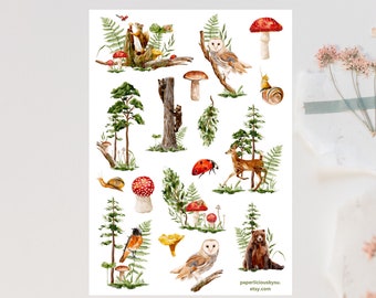 Aquarell Wald Sticker, Waldtiere, Wald Aufkleber, Wald, Natur, Pilz, Planer, Journal, Kalender, bujo