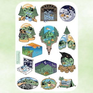 Hoja de pegatinas de camping retro, pegatinas de camping, senderismo, actividades al aire libre, naturaleza, glamping, verano, bosque, planificador, diario, calendario, álbum de recortes