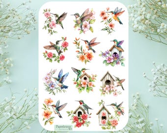 Hummingbird Sticker Sheet, Bird stickers, Spring, Floral Birdhouse, Nature, Garden, Gardening, Botanical, Planner, Bullet Journal, Scrapbook