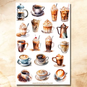 Foglio di adesivi per il caffè, adesivi per il caffè, amante del caffè, latte, bar, buongustaio, bevande, adesivi per l'agenda, adesivi per il diario, bujo, scrapbooking