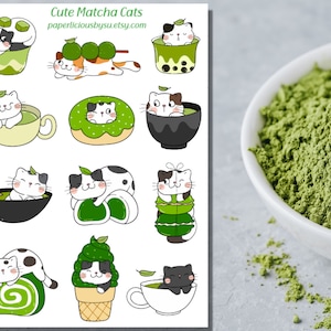 Cute Matcha Cat Sticker Sheet, cute cat stickers, matcha lover, green tea, kitty, matcha sticker, planner, bullet journal, bujo, scrapbook