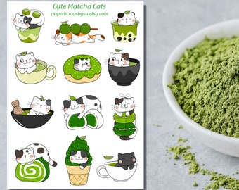 Schattig matcha kat stickervel, schattige kattenstickers, matcha lover, groene thee, poes, matcha sticker, planner, bullet journal, bujo, plakboek