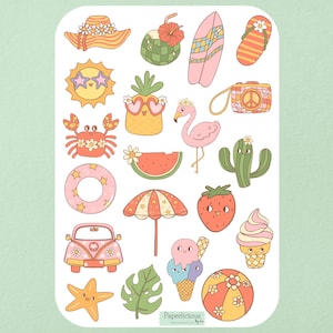 Cute Summer Sticker Sheet, groovy summer sticker, retro summer, tropical, ice cream, vacation, planner, bullet journal, scrapbooking