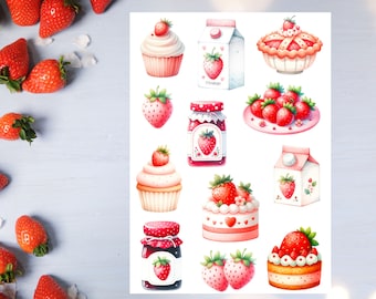 Può includere: Un set di adesivi digitali con illustrazioni ad acquerello di dolci e bevande a tema fragola. Gli adesivi includono cupcake, una torta, marmellata, latte e una torta.