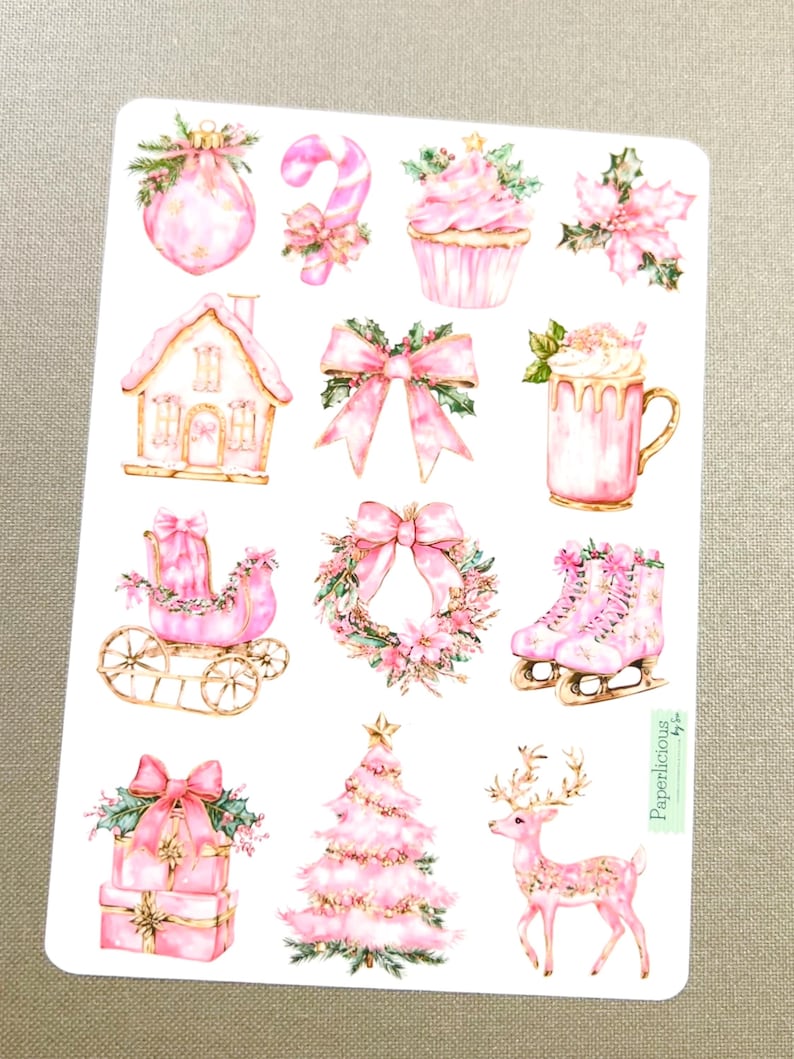 Pink Christmas Sticker Sheet, Cute Christmas Stickers, Holiday Stickers ...