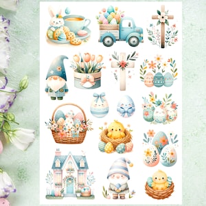 Hoja de pegatinas de Pascua pastel, pegatinas de Pascua, Felices Pascuas, acuarela, conejito, huevos, primavera, planificador, diario, sello de sobre, cuaderno
