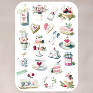 Floral Tea Party Aufkleberbogen, englischer Tee, Nachmittagstee, tea time, Cottagecore, ästhetisch, rustikal, Natur, Planer, Journal, Scrapbooking
