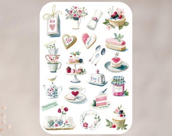 Floral Tea Party sticker sheet, English tea, afternoon tea, tea time, cottagecore, aesthetic, rustic, nature, planner, journal, scrapbooking