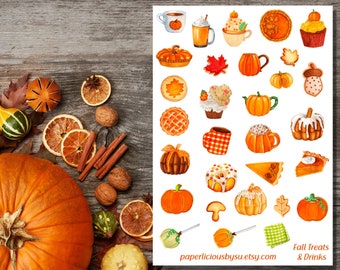 Fall Treats & Drinks Sticker Sheet, fall stickers, pumpkin stickers, autumn stickers, aesthetic stickers, Planner, Bullet Journal, scrapbook