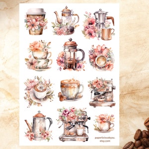 Floral Coffee sticker sheet, coffee stickers, coffee lover, latte, cafe, foodie, drinks, planner stickers, journal stickers, scrapbooking