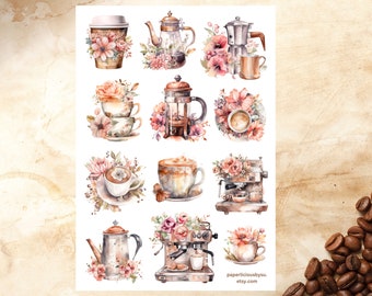 Foglio di adesivi Floral Coffee, adesivi per caffè, amanti del caffè, latte, bar, buongustai, bevande, adesivi per pianificatori, adesivi per diari, scrapbooking