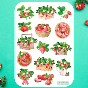 Strawberry Sticker Sheet, strawberry stickers, fruit stickers, plant, botanical, berry, gardening, summer, planner, journal, scrapbooking