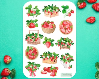 Strawberry Sticker Sheet, strawberry stickers, fruit stickers, plant, botanical, berry, gardening, summer, planner, journal, scrapbooking