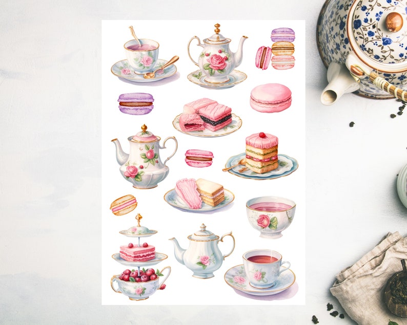 tea party stickers, tea time, afternoon tea, English tea, foodie stickers, dessert, treat, cake, macaroon