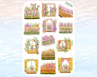 Windows and Fences with Flowers Sticker Sheet, spring stickers, floral stickers, plant, garden, aesthetic, planner, journal, scrapbooking