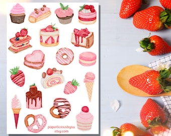 Strawberry Sticker Sheet, strawberry stickers, strawberry treats, desserts, cake, tea time, fruit, planner stickers, journal, scrapbooking