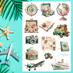 Foglio di adesivi da viaggio vintage, vacanza, spiaggia, viaggio, estate, fuga, valigia, buon viaggio, adesivo per planner, bullet journal, scrapbooking