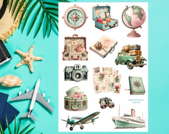 Vintage reseklistermärkesark, semester, strand, resa, sommar, tillflyktsort, resväska, bon voyage, planerarklistermärke, bullet journal, scrapbooking