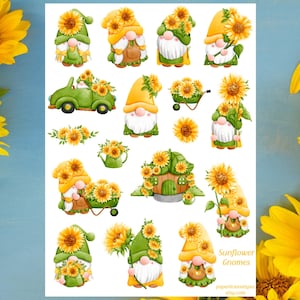 Feuille d'autocollants gnomes tournesol, sticker tournesol, sticker gnomes, nain, sticker floral, agenda, Bullet Journal, scrapbooking, joint d'enveloppe