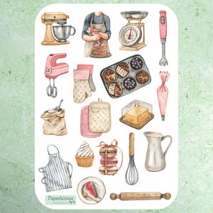 Folha de adesivos de aquarela para assar, adesivos para assar, culinária, culinária, padeiro, chef, receita, pastelaria, cozinha, planejador, diário, scrapbooking
