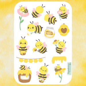 Schattig bijenstickervel, bijenstickers, hommel, lente, tuin, bijenkorf, honing, bloem, planner, dagboek, kalender, bujo, envelop, kaart