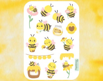 Schattig bijenstickervel, bijenstickers, hommel, lente, tuin, bijenkorf, honing, bloem, planner, dagboek, kalender, bujo, envelop, kaart