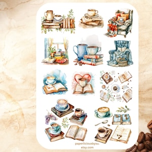 Hoja de calcomanías para café y libros, ratón de biblioteca, amante de los libros, amante del café, lectura, lector, acogedor, trovertido en libros, aficionado a los libros, planificador, diario de lectura