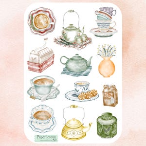 Tea Party Stickerbogen, Tee Aufkleber, englischer Tee, Nachmittagstee, Foodie, Getränke, Planer Aufkleber, Journal Aufkleber, bujo, Scrapbooking