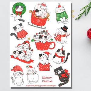 Feuille d'autocollants Meowy Catmas, autocollants chat mignon, autocollants de Noël chat, amoureux des chats, maman chat, agenda, Bullet Journal, Bujo, Scrapbooking