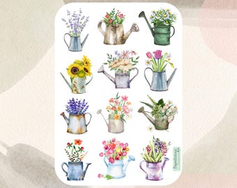 Floral Watering Can Sticker Sheet, flower stickers, bouquet, gardening, spring, plant, gardener, planner, journal, scrapbook, notebook