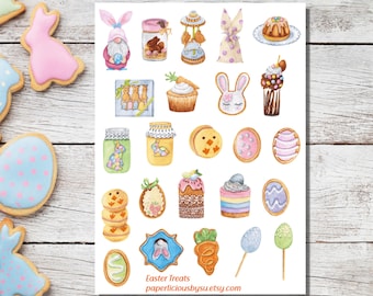 Easter Treat Sticker Sheet, Easter stickers, watercolor, bunny, eggs, gnome, spring, Easter decor, Planner, Bullet Journal, envelope seal