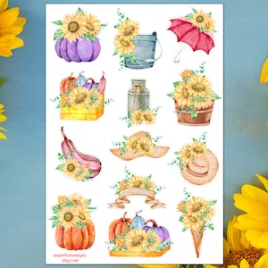 Sunflower Sticker Sheet, sunflower stickers, flower stickers, aesthetic stickers, plant, botanical, planner, Bullet Journal, scrapbooking