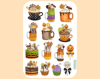 Op de afbeelding: Een stickervel met illustraties van Halloween-thema traktaties. De ontwerpen omvatten versierde mokken, cupcakes en een lolly, allemaal versierd met pompoenen, geesten en spinnenwebben. Het kleurenpalet wordt gedomineerd door oranje, zwart en paars.