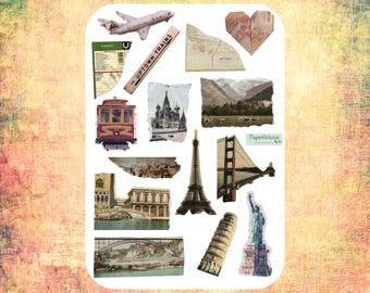 Vintage reseklistermärkesark, reseklistermärken, semester, resa, sommar, getaway, bon voyage, plannerklistermärke, bullet journal, scrapbooking