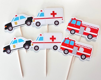 Rescue vehicle cupcake toppers, emergency vehicle, fire truck, ambulance, police car, truck birthday, truck cake topper