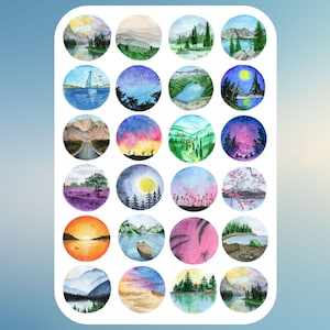 Folha de adesivos de paisagem em aquarela, adesivos de paisagem, floresta, montanha, natureza, lago, oceano, acampamento, planejador, diário, selos de envelope