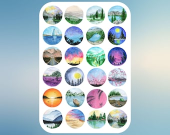 Könnte beinhalten: Ein Bogen mit Aquarellaufklebern, die verschiedene Landschaftsszenen in kreisförmigen Rahmen darstellen. Die Designs umfassen Berge, Seen, Wälder, Sonnenuntergänge und andere natürliche Elemente, die in einer Vielzahl von Farben dargestellt werden. Die Aufkleber sind in einem Raster angeordnet.