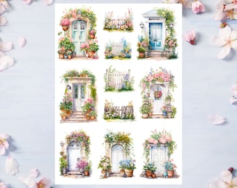 May include: A set of nine digital illustrations featuring charming cottage doors adorned with lush greenery and vibrant flowers. Each door is painted in a soft, pastel color and has a unique design. The illustrations are perfect for adding a touch of whimsy and charm to any project.