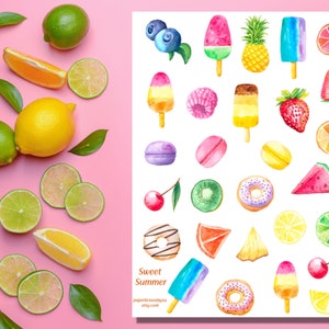 Sweet Summer Sticker Sheet, cute fruit sticker, popsicle sticker, dessert sticker, tropical, Planner, Bullet Journal, scrapbook
