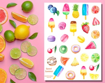 Sweet Summer Sticker Sheet, cute fruit sticker, popsicle sticker, dessert sticker, tropical, Planner, Bullet Journal, scrapbook