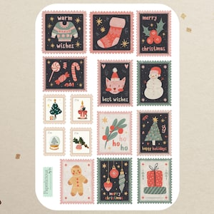 Cute Christmas Stamp Sticker Sheet, Holiday Stickers, Holiday Stamps, Snail Mail, Happy Mail, PenPal, Planner, Journal, Scrapbooking, Cards