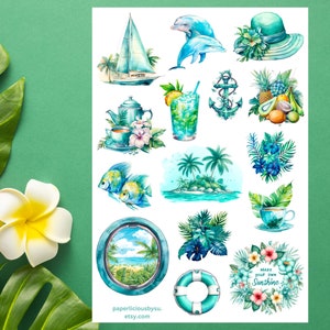 Hoja de pegatinas de verano, vacaciones, playa, tropical, pegatinas de verano, escapada, océano, mar, pegatinas de planificador, bullet journal, scrapbooking